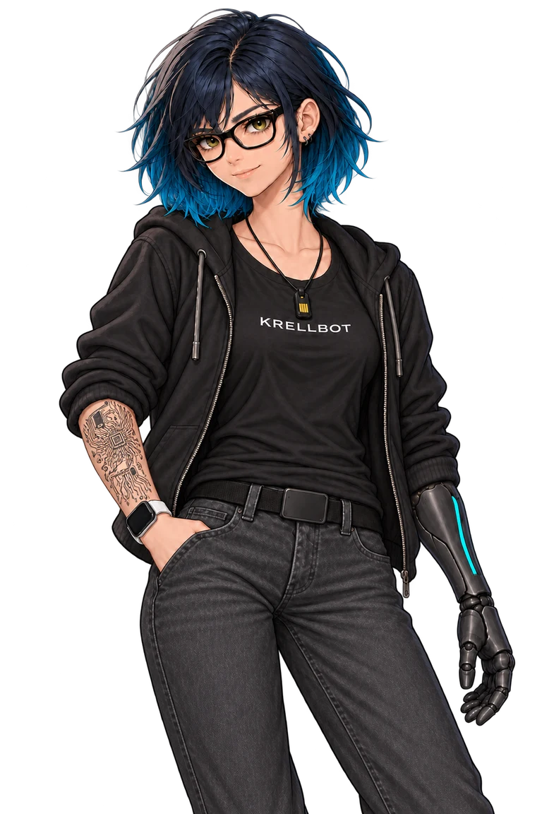 Krell, the Krellbot guide, in the supplied design: hazel eyes, black glasses, teal-tipped bob, open black hoodie, tattooed human right forearm and robotic left forearm